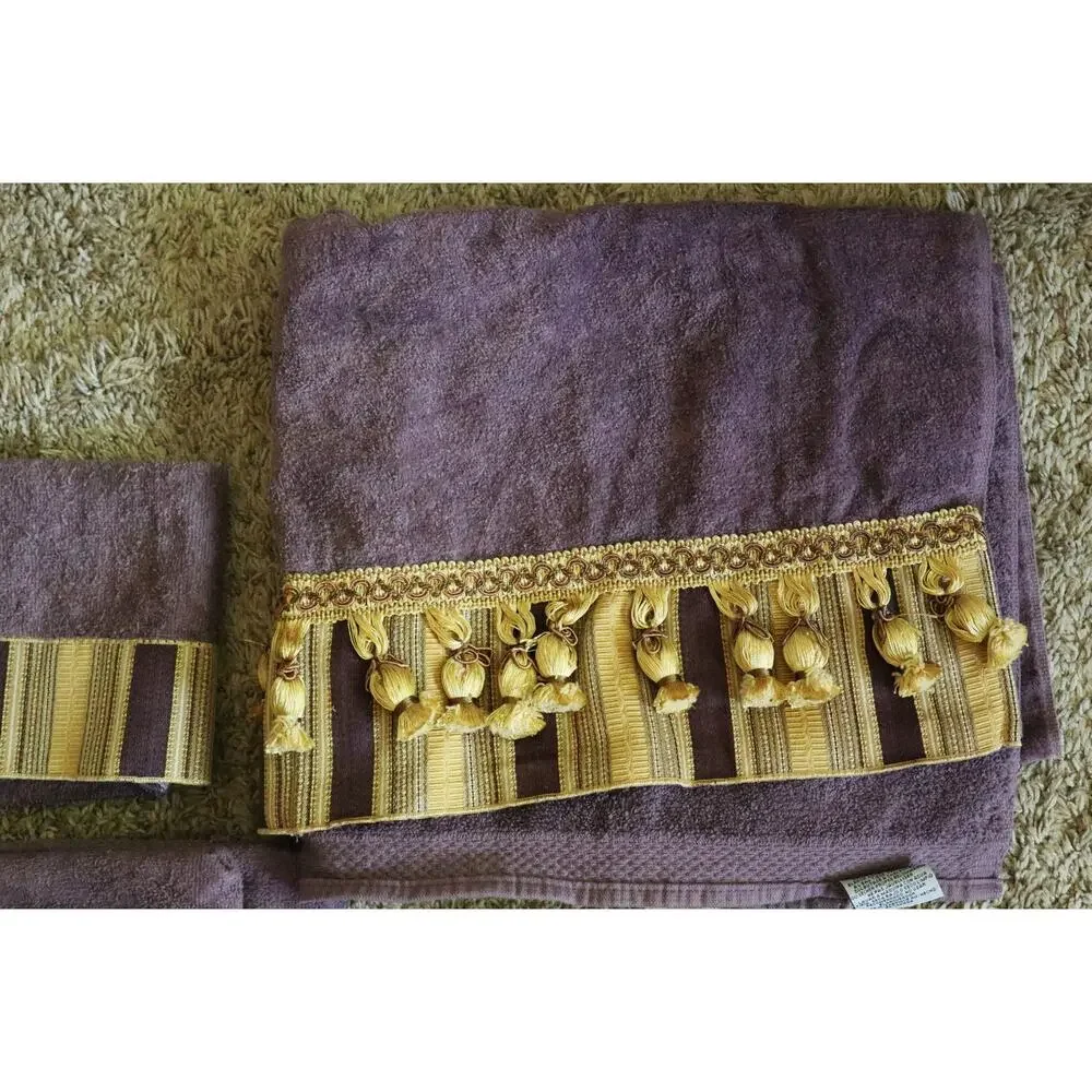 Vintage 7 Piece AVANTI Purple and Gold Towel Set Tassel Embroidered Retro COTTON